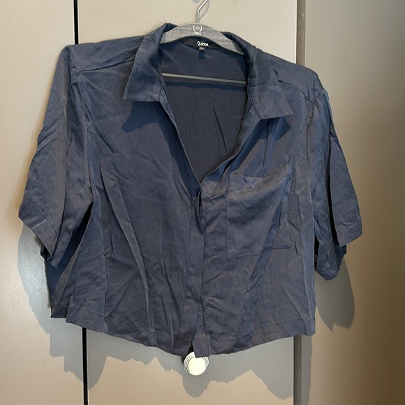 Quince Washable Silk Cropped Button up Pajama Top, Large, Indigo Blue - Picture 3 of 6